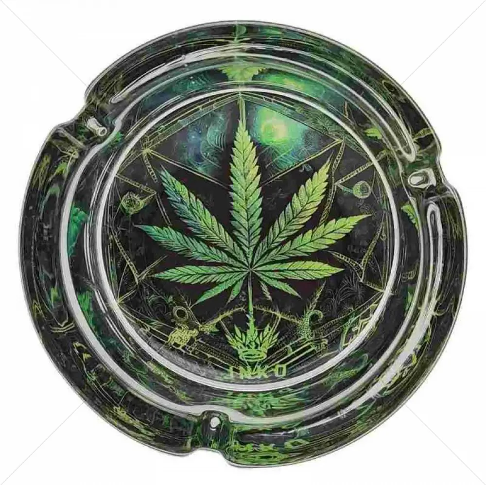 Posacenere in vetro rotondo 10cm | Serie Psichedelica | Design 5 | Foglia di Cannabis 1